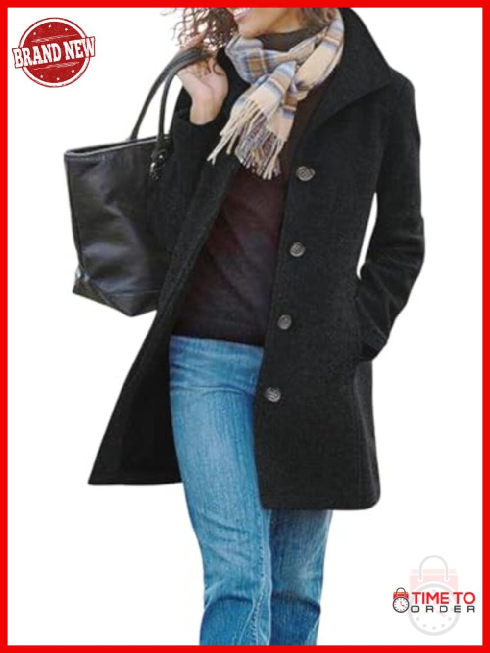 Women's Wool Blend Pea Coat Single Breasted Stand Collar Mid Long Winter Jacket